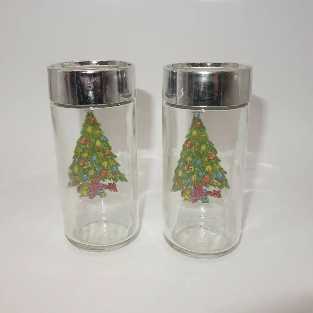 Vintage Salt and Pepper Shakers Holiday Clear Glass with Christmas Tree - Picture 3 of 7